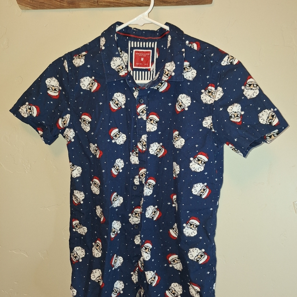 Denim And Flower Youth Blue Santa Print Short Sleeve Button Down‎